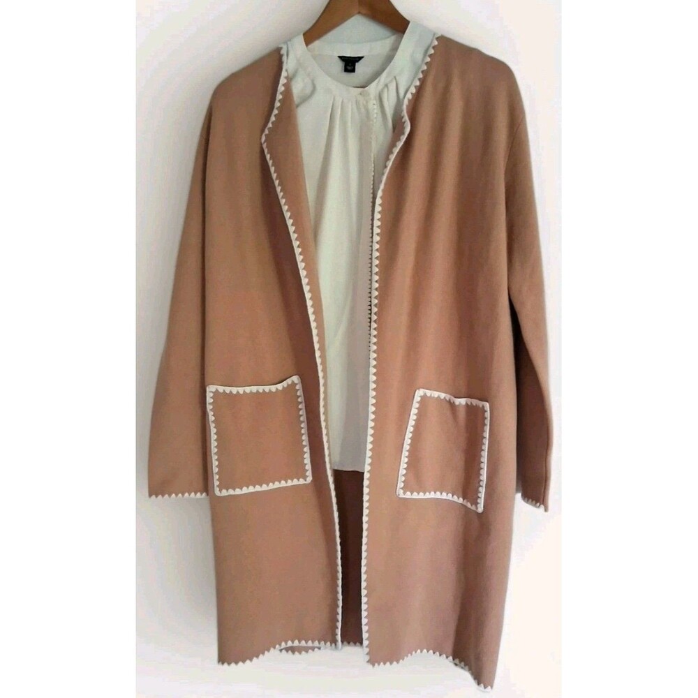 Zesica Long Cardigan Sweater Jacket M Camel Beige Stitch Trim Lightweight Travel - Picture 2 of 12